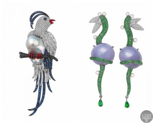 天堂鸟（左）和玉髓翠榴耳环（右）