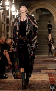 A model presents a collection at Ralph Lauren's 50th anniversary fashion event during New York Fashion Week in New York