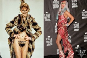 左：Vivienne Westwood 1994 年秋冬；右：Lady Gaga 2010 年出席音乐颁奖礼的牛肉造型